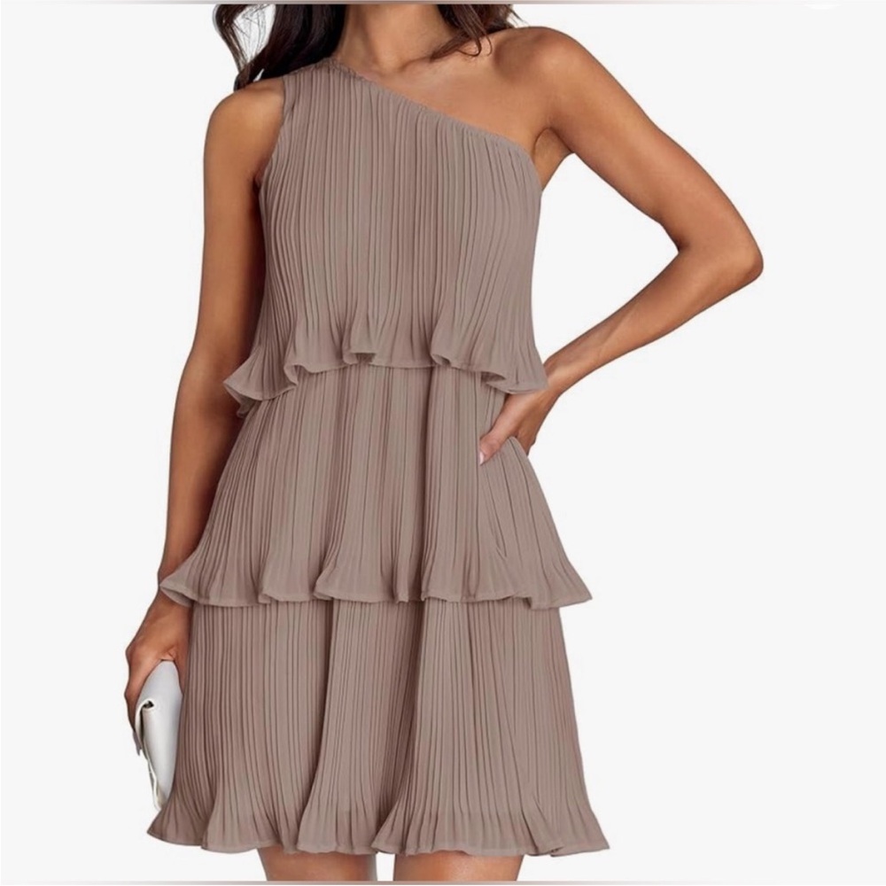 Zesica Size Large Women's Elegant One-Shoulder Pleated Dress in Taupe